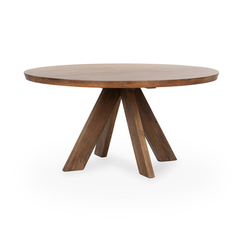 Round dining table with hickory brown top and three splayed legs