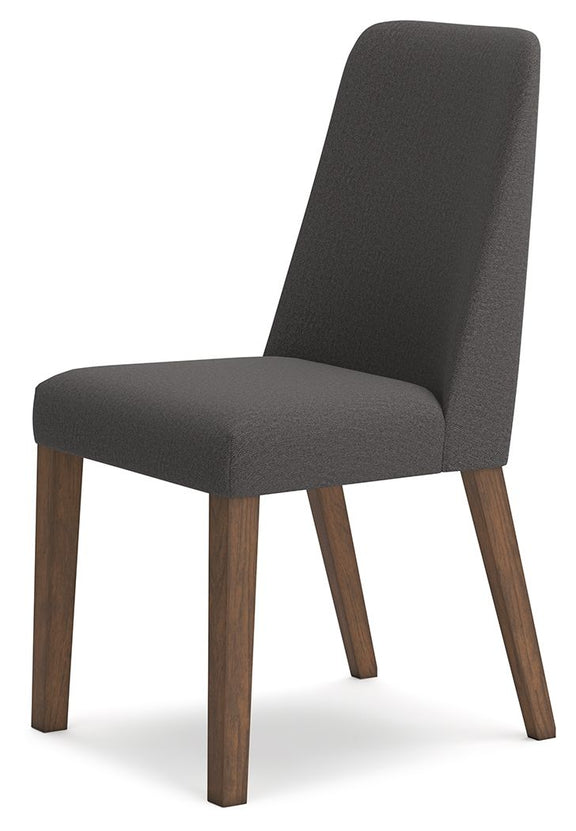 Dark gray dining side chair with upholstered seat and back, wooden legs.