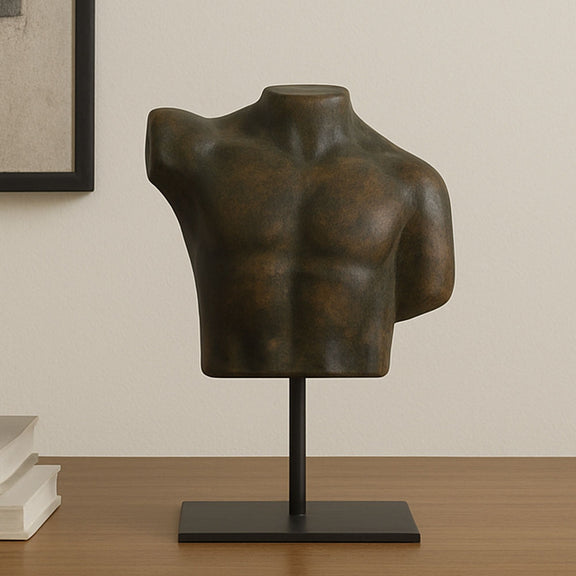 Cast aluminum torso sculpture with dark brown-green patina finish on black base.