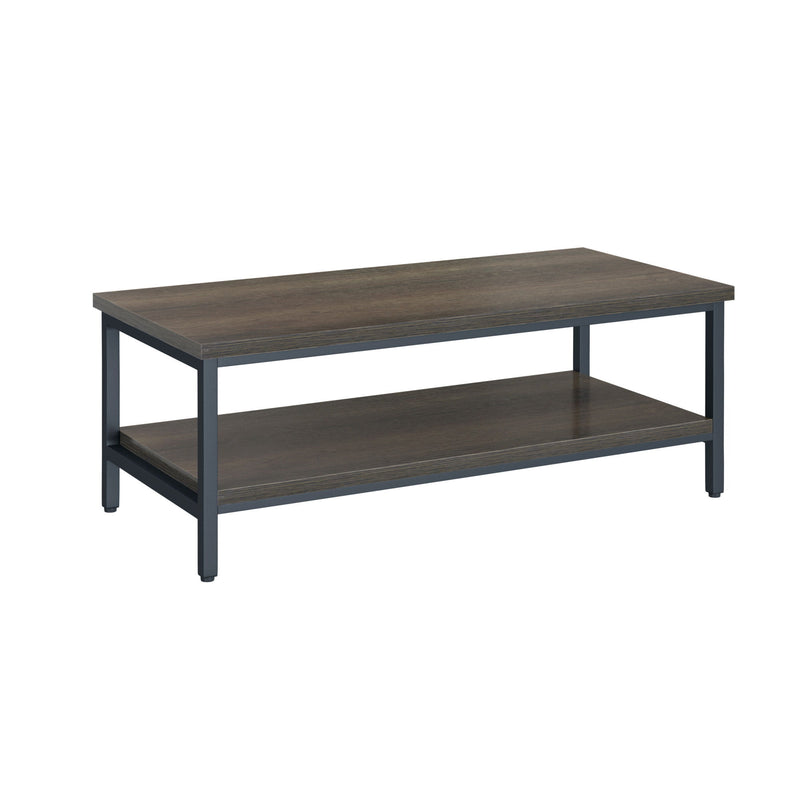 Brown solid wood coffee table with two-tier open shelving and angled side view