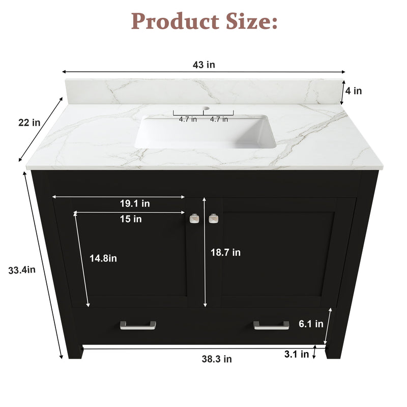 Black bathroom vanity with white countertop and sink, product size diagram