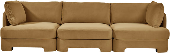 Tan velvet 3-piece sofa with three seat sections and tufted cushion edges