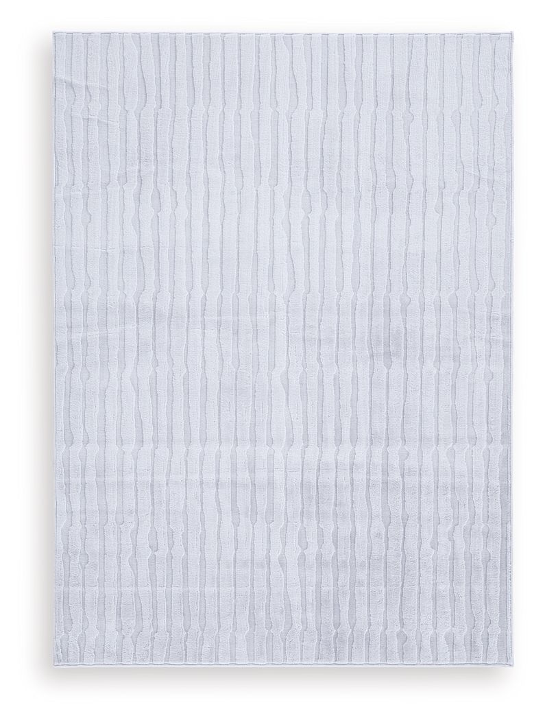 Light gray washable rug, flat view with repeating raised lines and bound edge