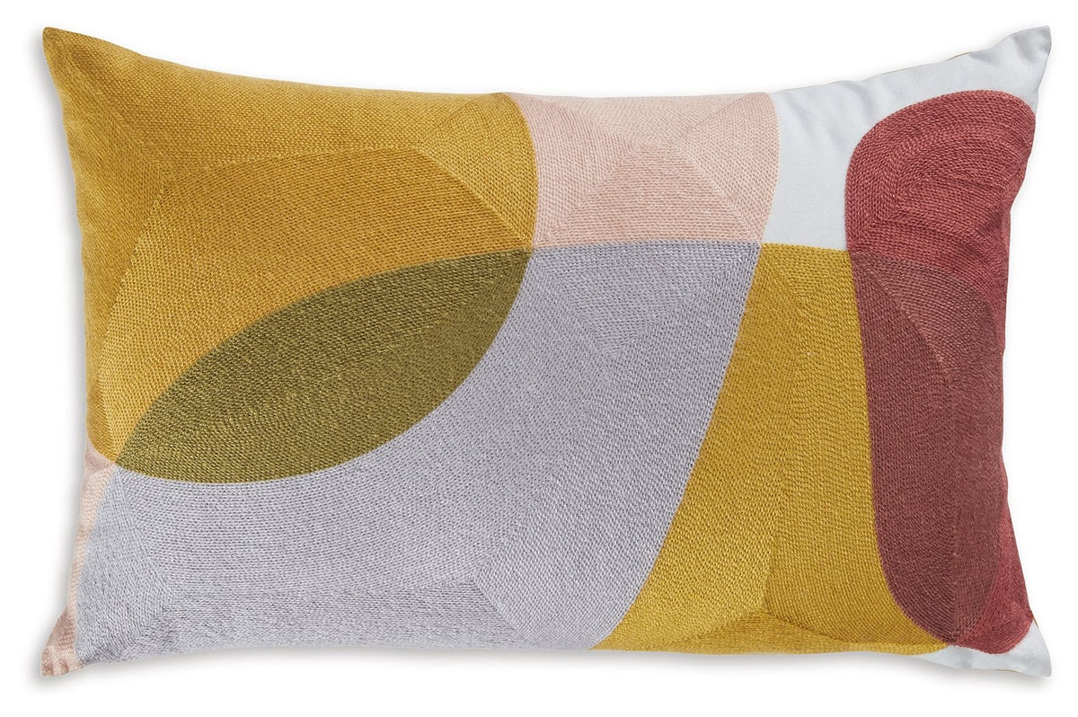 Multicolor geometric throw pillow with mustard, olive, rust and gray shapes