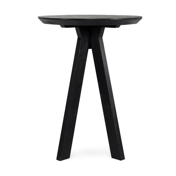 Black round bar table with flat top and four tapered legs