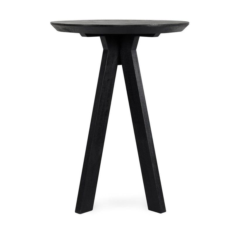 Black round bar table with flat top and four tapered legs