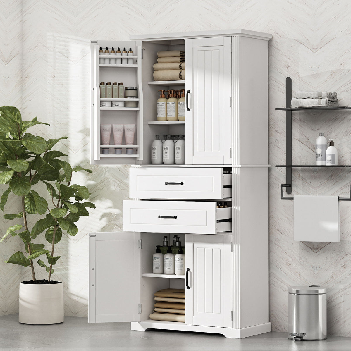 White storage cabinet open with shelves, two drawers, and two door compartments