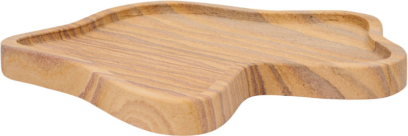 Light brown marble tray with ridged grain pattern and scalloped edges