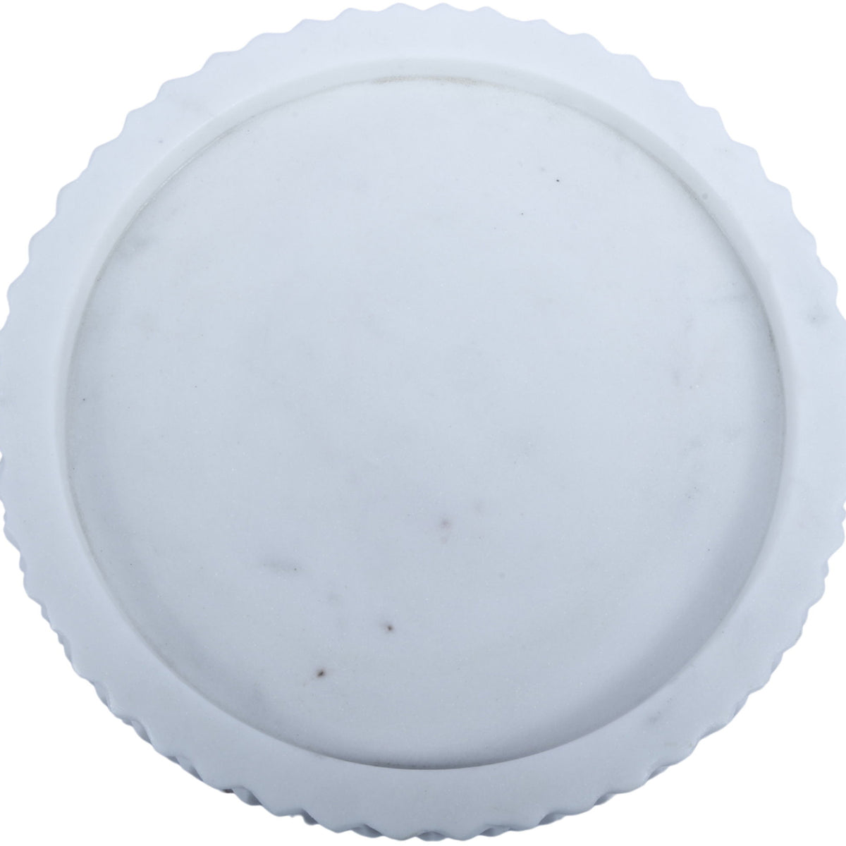 White marble tray top view with smooth center and textured scalloped rim.