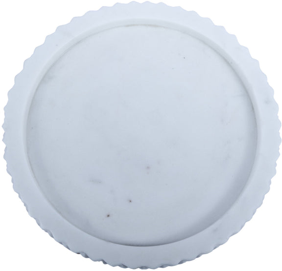 White marble tray top view with smooth center and textured scalloped rim.