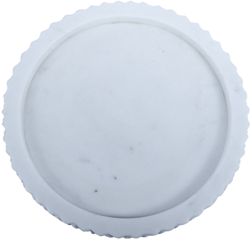White marble tray top view with smooth center and textured scalloped rim.