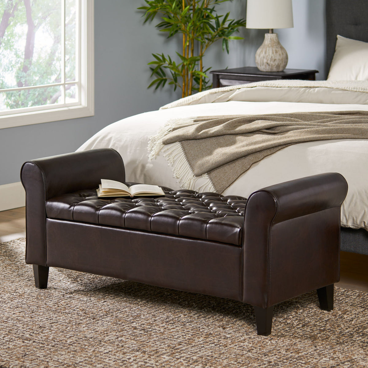 Hayes - Contemporary Armed Storage Bench With Button Tufting And Rolled Arms