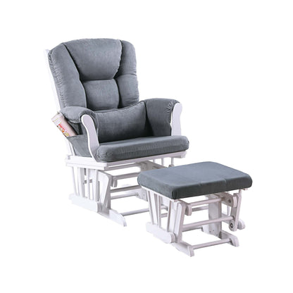 Dark gray upholstered glider chair with matching ottoman, padded seat and back, white frame.