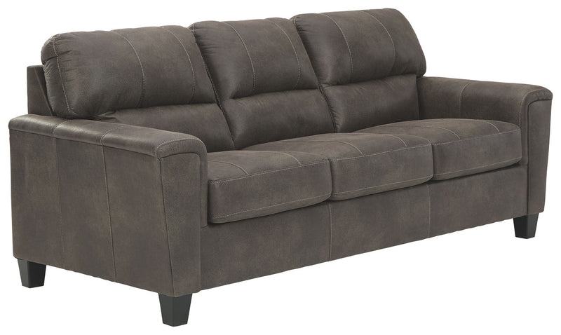 Smoke gray queen sofa sleeper angled view with tufted back and padded arms