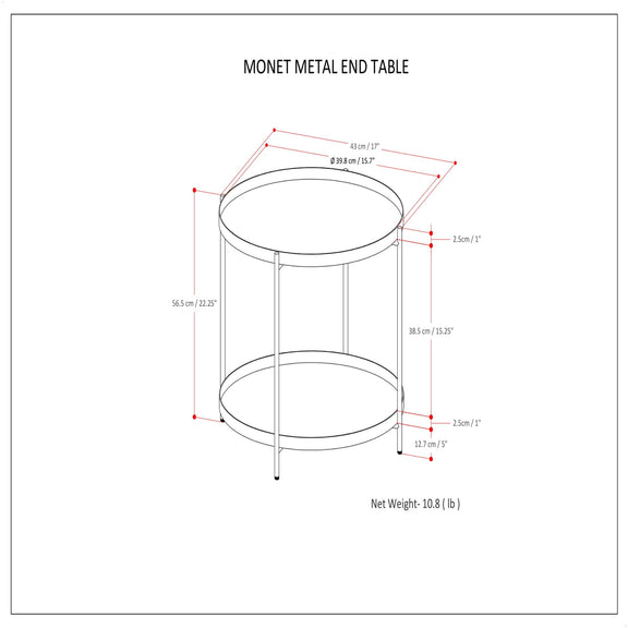 Monet metal end table size diagram showing round top and bottom shelf