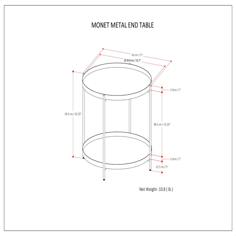 Monet metal end table size diagram showing round top and bottom shelf