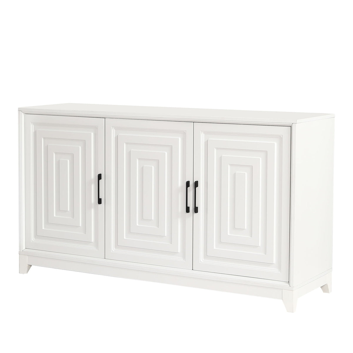 White TV stand cabinet with three paneled doors and black bar handles.