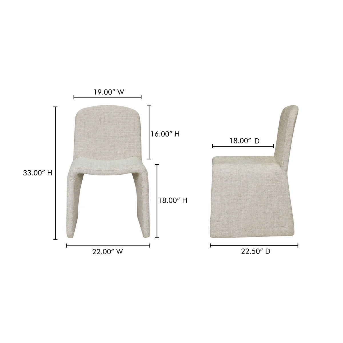 Beige dining chair dimensions diagram showing height, width, and depth measurements