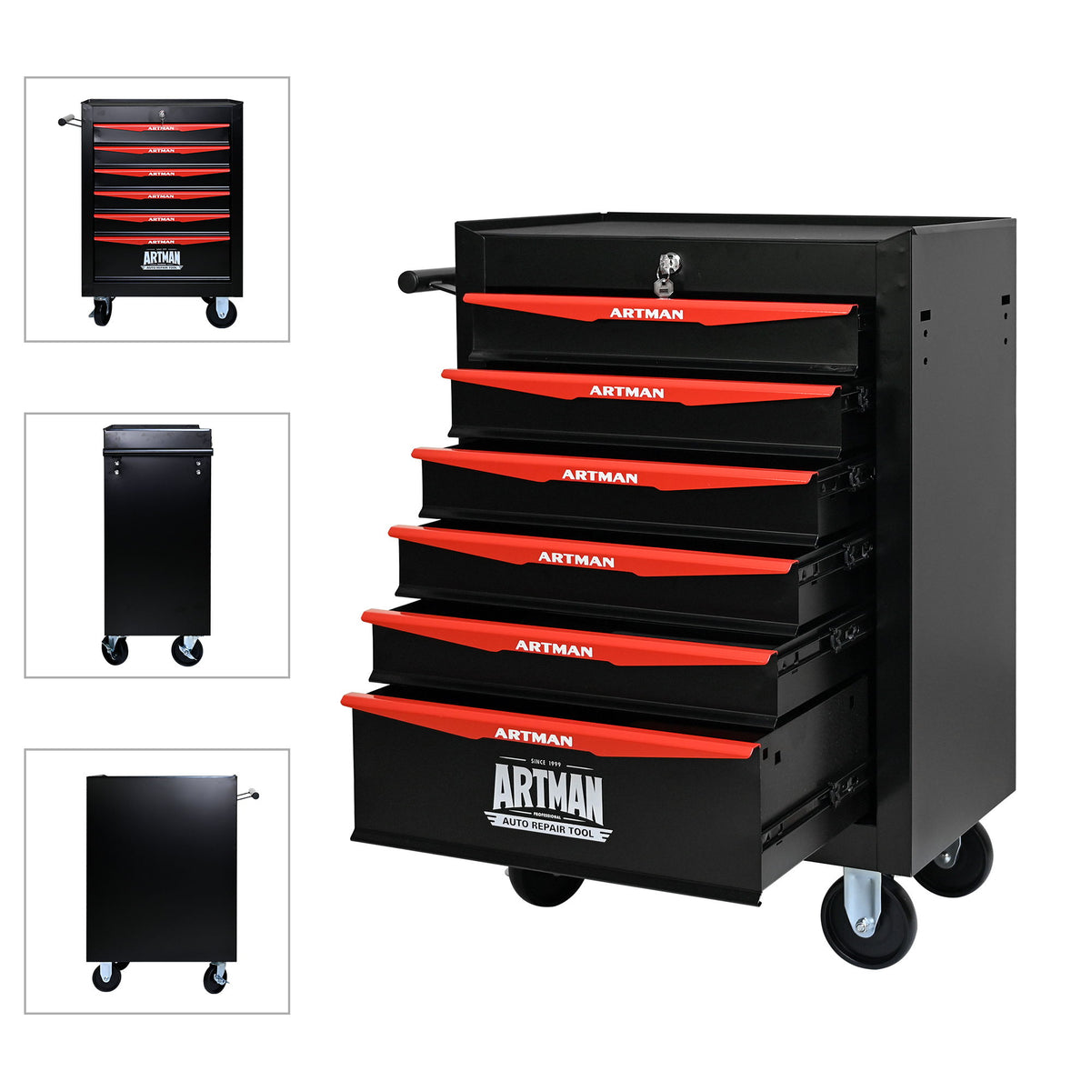 Rolling steel tool chest with drawer fronts and side handle; close-up views of wheels and door