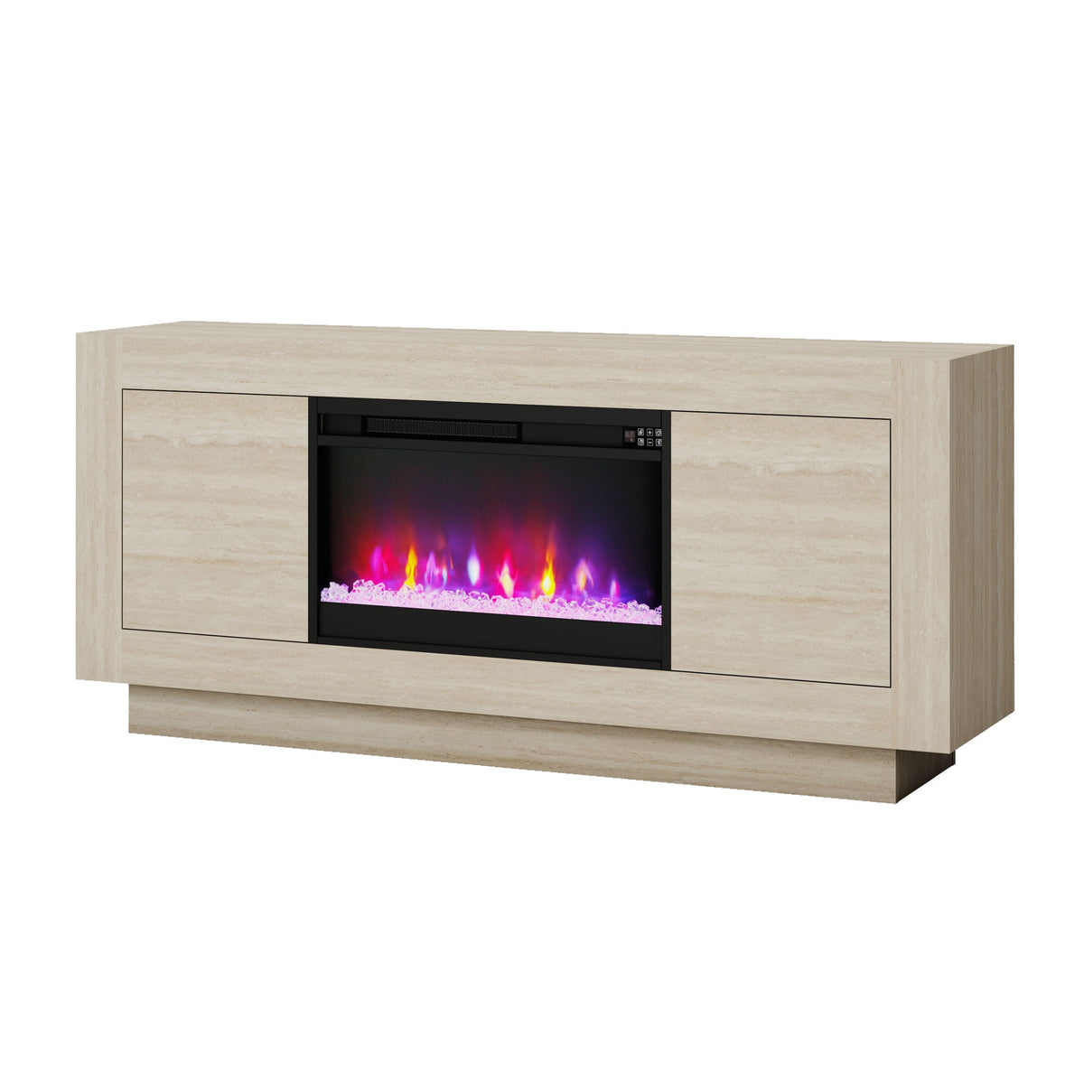 Beige TV stand with built-in electric fireplace insert and two side cabinet doors