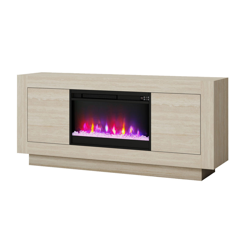 Beige TV stand with built-in electric fireplace insert and two side cabinet doors