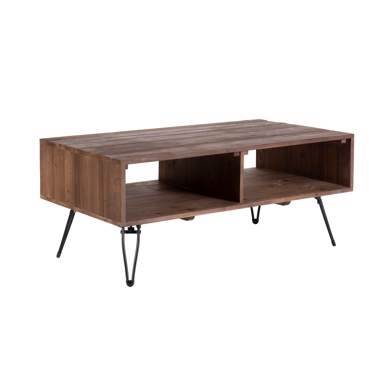 Reclaimed Wood Cocktail Table With Open Storage For Living Room, Metal Legs, Foldable - Black / Natural