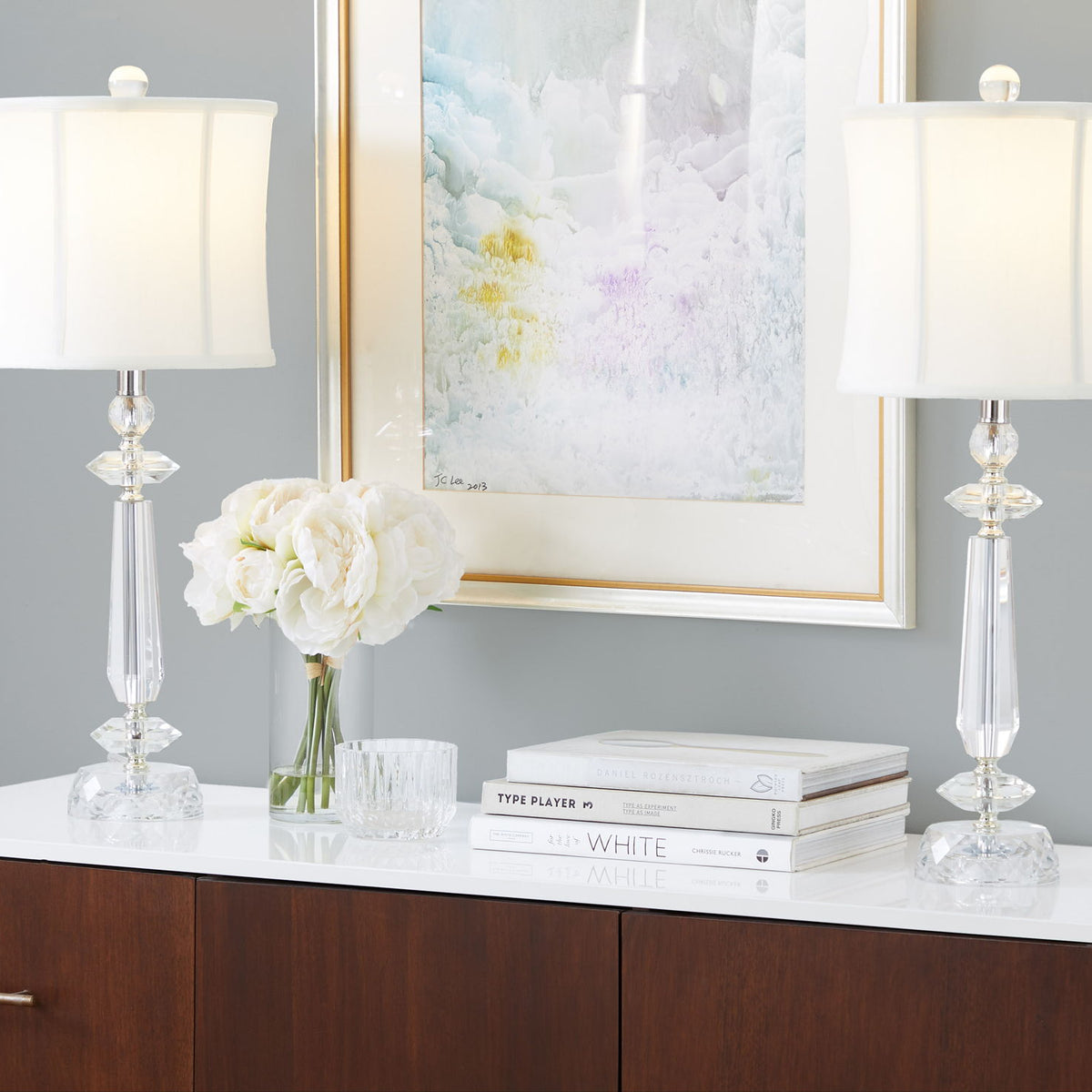 Clear crystal table lamp with white softback shade and chrome base