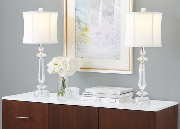 Clear crystal table lamp with white softback shade and chrome base