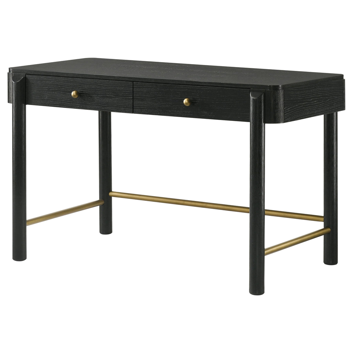 Black 2-drawer vanity desk with gold pulls, dark frame, open base