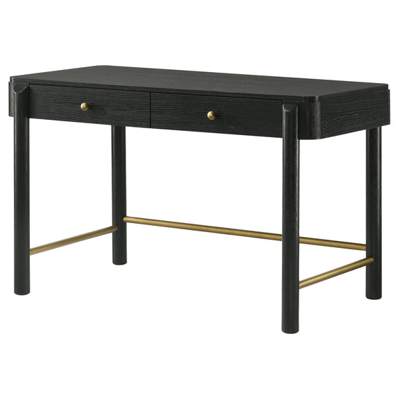 Black 2-drawer vanity desk with gold pulls, dark frame, open base