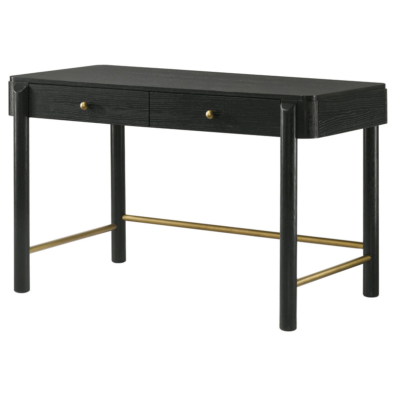 Black 2-drawer vanity desk with gold pulls, dark frame, open base