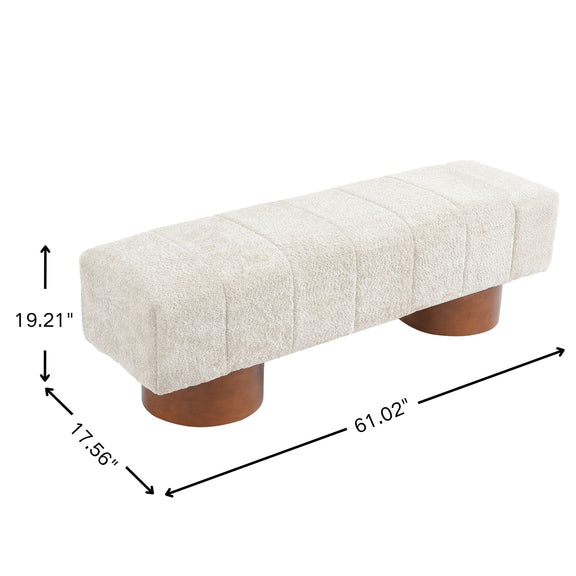 Beige upholstered dining bench dimensions: 61.02 in long, 19.21 in high