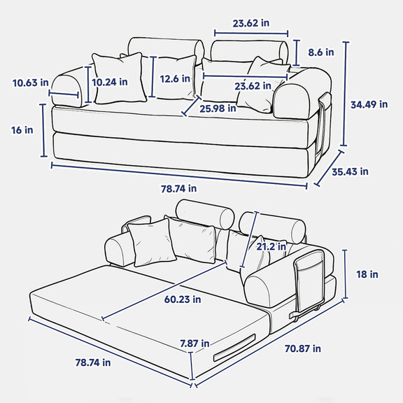 Sleeper sofa bed diagram with size dimensions, showing sofa and bed positions