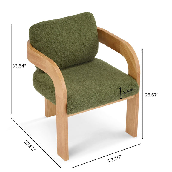 Dark green upholstered dining chair with curved wood arms and dimensions shown