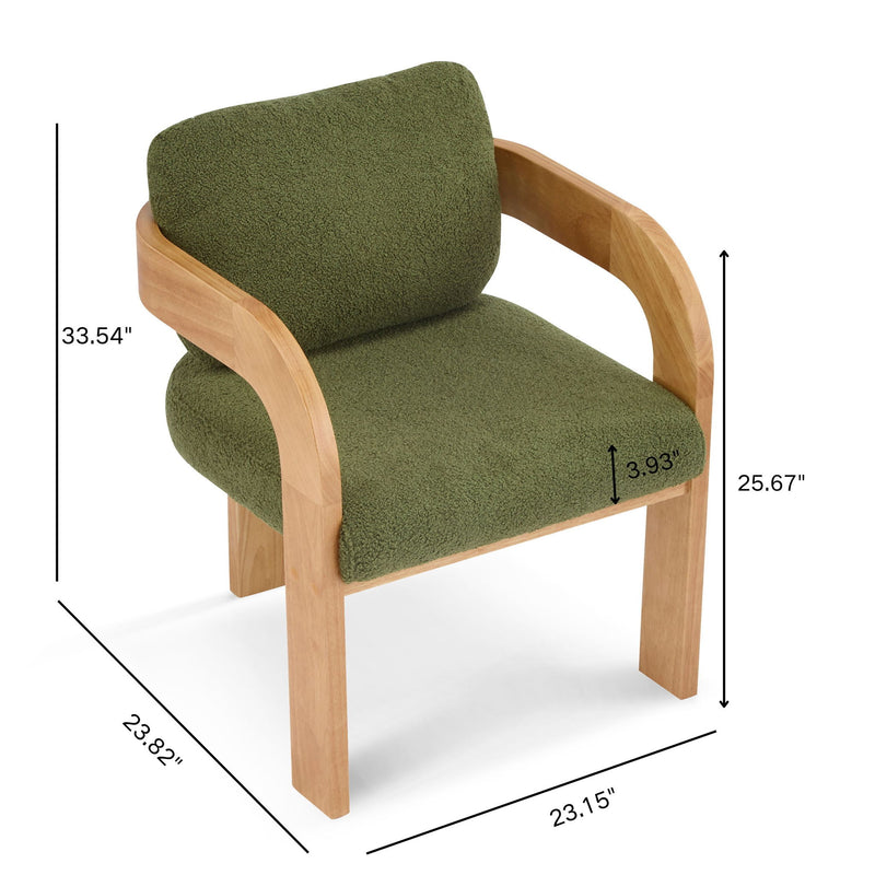 Dark green upholstered dining chair with curved wood arms and dimensions shown