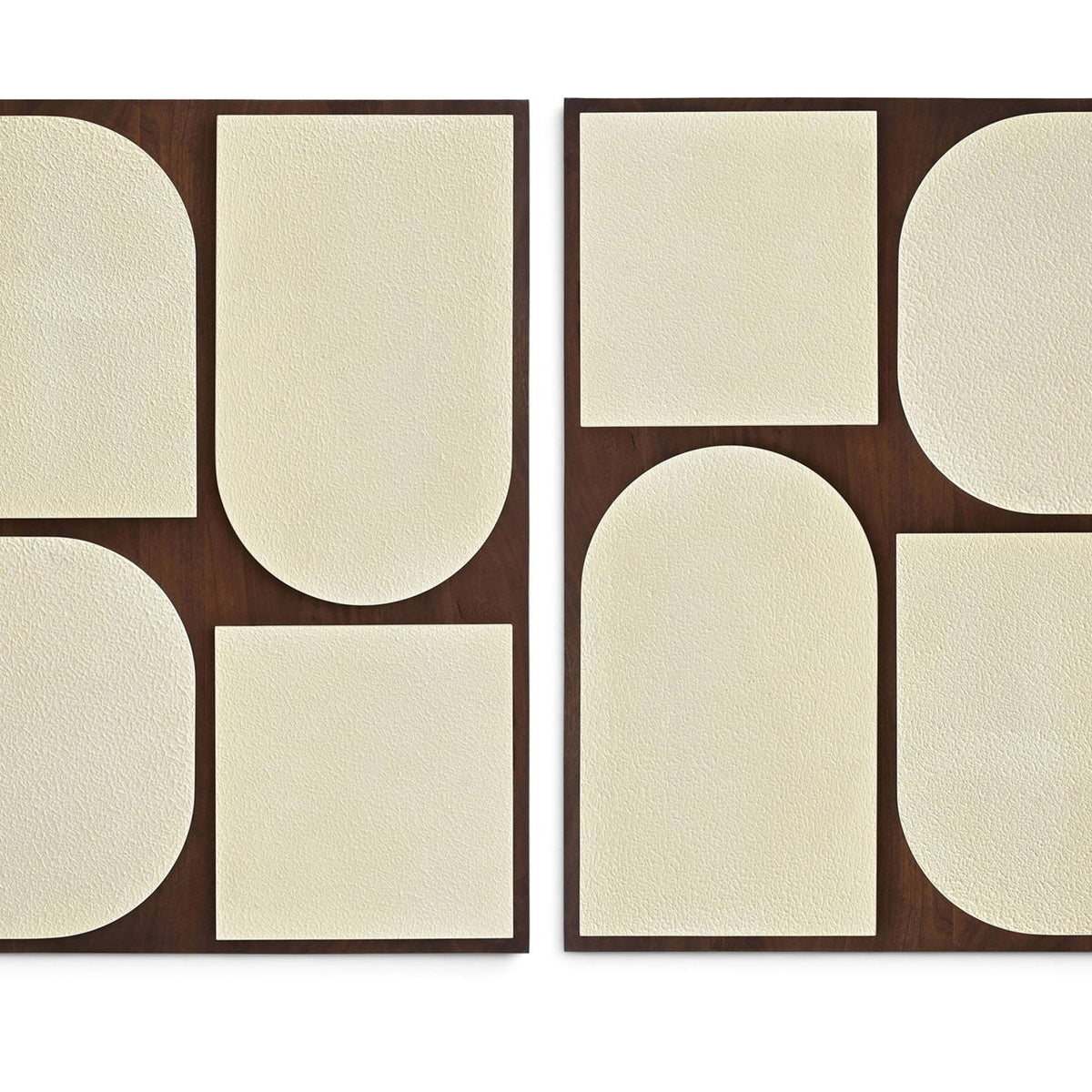 Two-piece wall art set with light brown frames and beige abstract rounded panels.