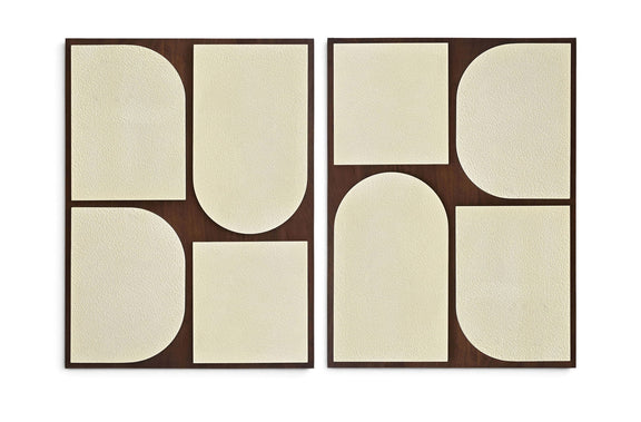 Two-piece wall art set with light brown frames and beige abstract rounded panels.