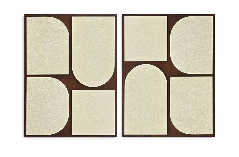 Two-piece wall art set with light brown frames and beige abstract rounded panels.