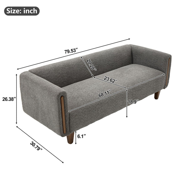 Dark gray 3-seater sofa with armrests, size diagram with key measurements (inches)