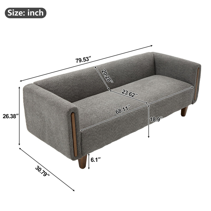 Dark gray 3-seater sofa with armrests, size diagram with key measurements (inches)