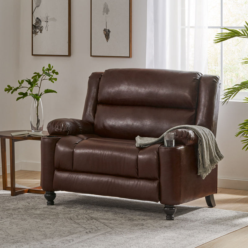Dark brown manual recliner chair with padded arms, recline back, and knob feet