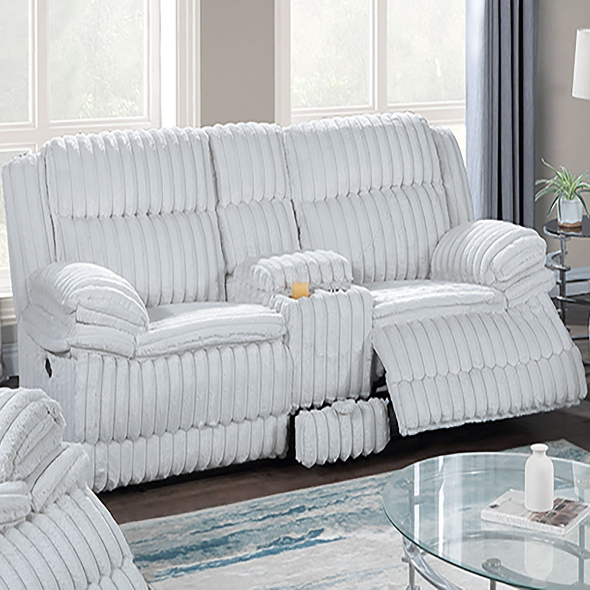 White corduroy loveseat with console storage and tufted back cushions
