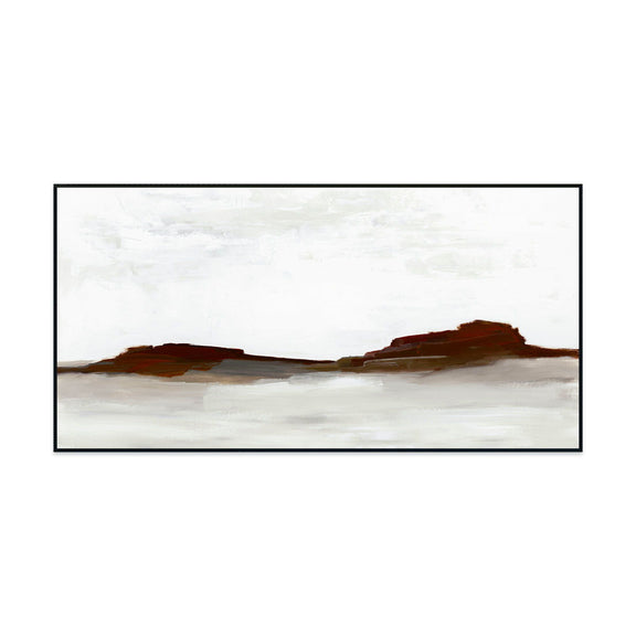 Framed abstract wall art painting with brown horizon and textured white surface