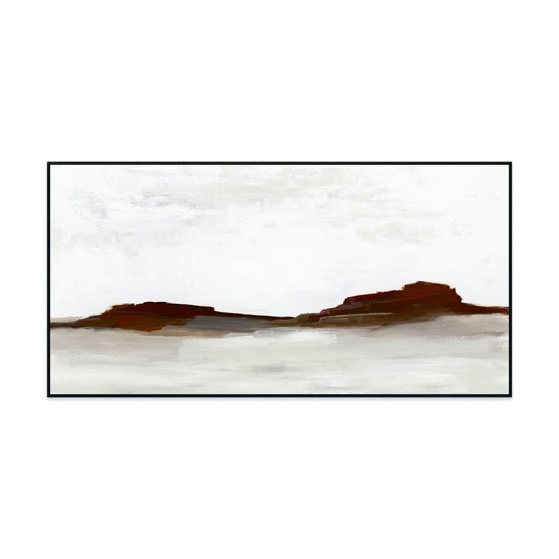 Framed abstract wall art painting with brown horizon and textured white surface