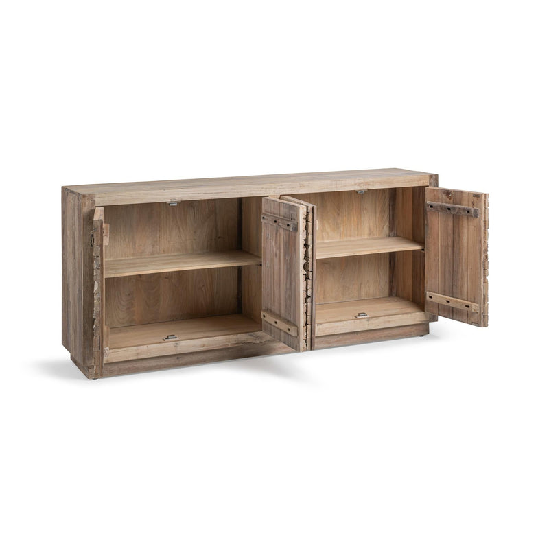 Carved panel sideboard with open hinged doors showing two shelves inside.