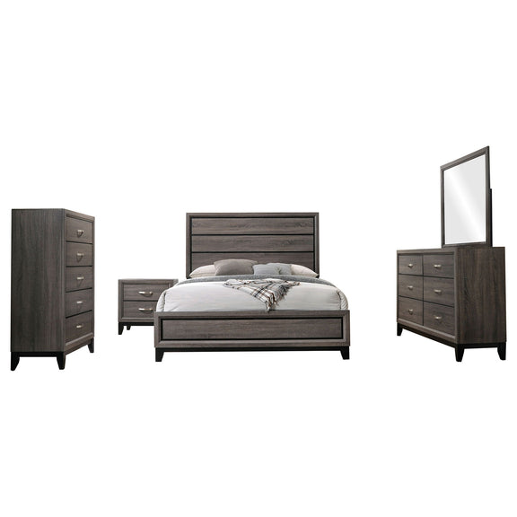 Dark gray bedroom set featuring panel bed, dresser drawers, and mirror panels, matching group