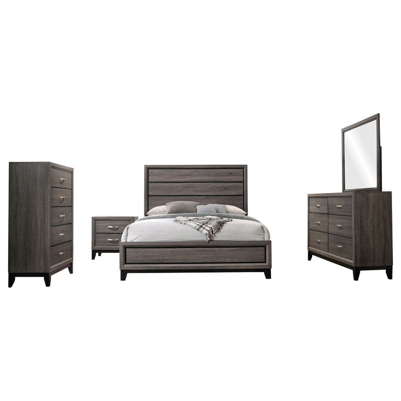 Dark gray bedroom set featuring panel bed, dresser drawers, and mirror panels, matching group