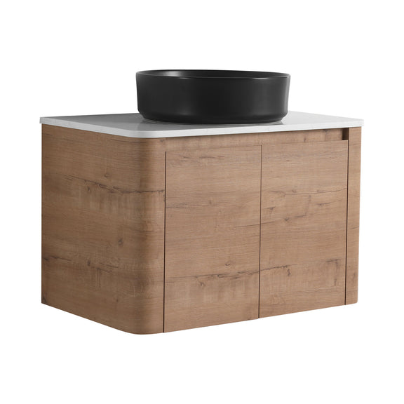 Bathroom vanity with black round vessel sink and 2-door cabinet, wood finish front view