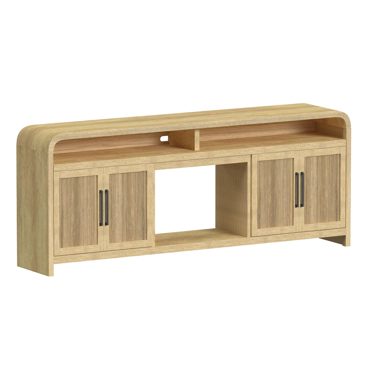 Light brown entertainment console table with two cabinet doors and open center shelf