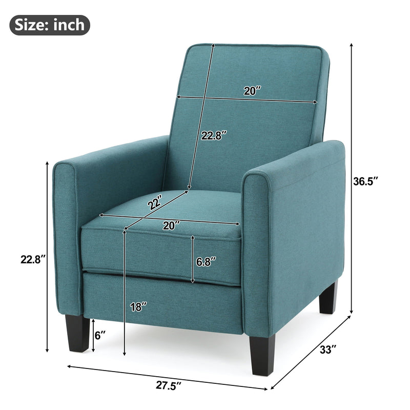 Teal push-back recliner chair with labeled dimensions in inches